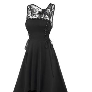 Gothic Dress Lace Up Grommet High Low Dress Flower Lace Panel Bowknot Cutout Mid